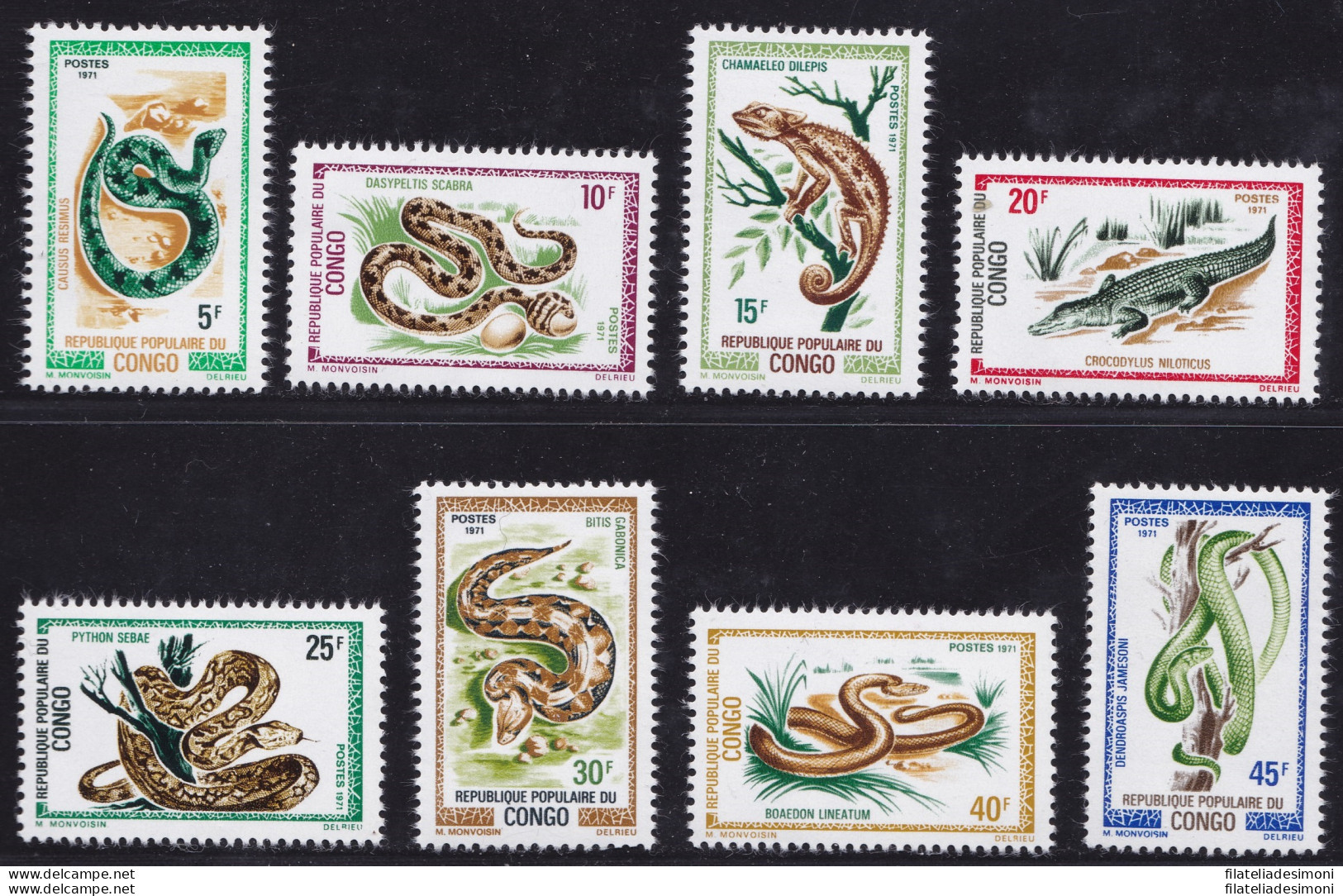 1971 CONGO - Rettili, Reptiles Yvert N° 289/296 Serie Di 8 Val.  MNH/** - Autres & Non Classés