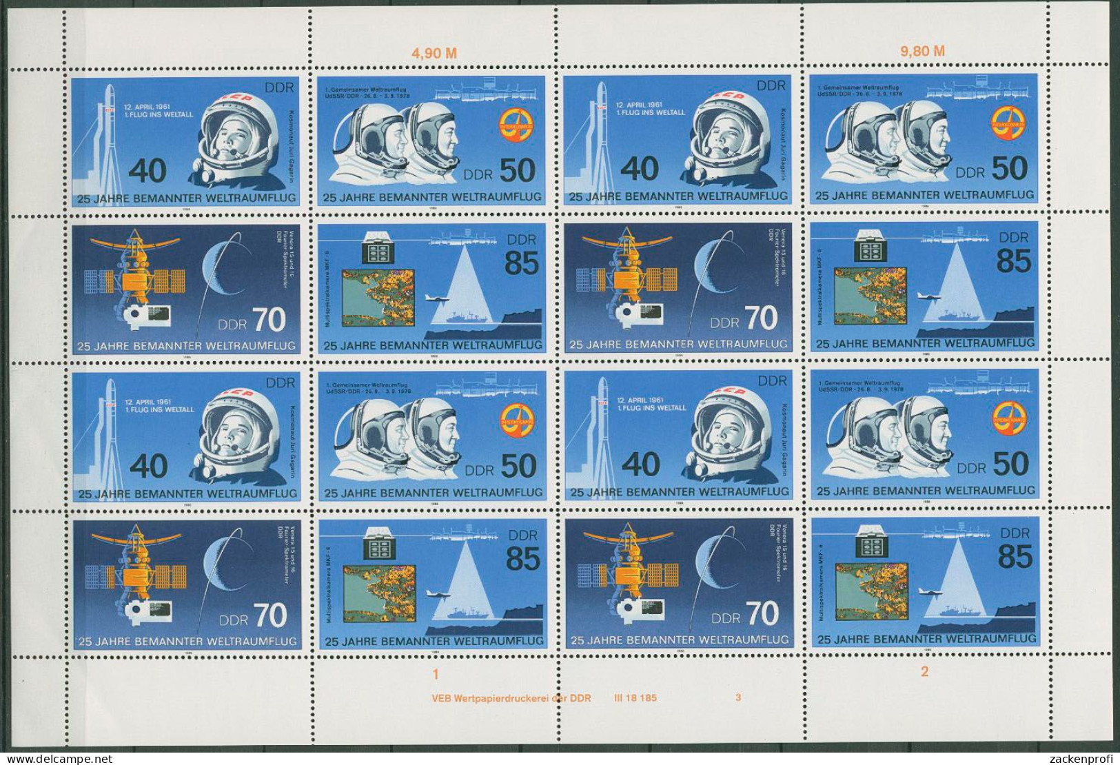 DDR 1986 Weltraumflug Zusammendruckbogen 3005/08 ZD-Bg. FN 3 Postfrisch - 1981-1990