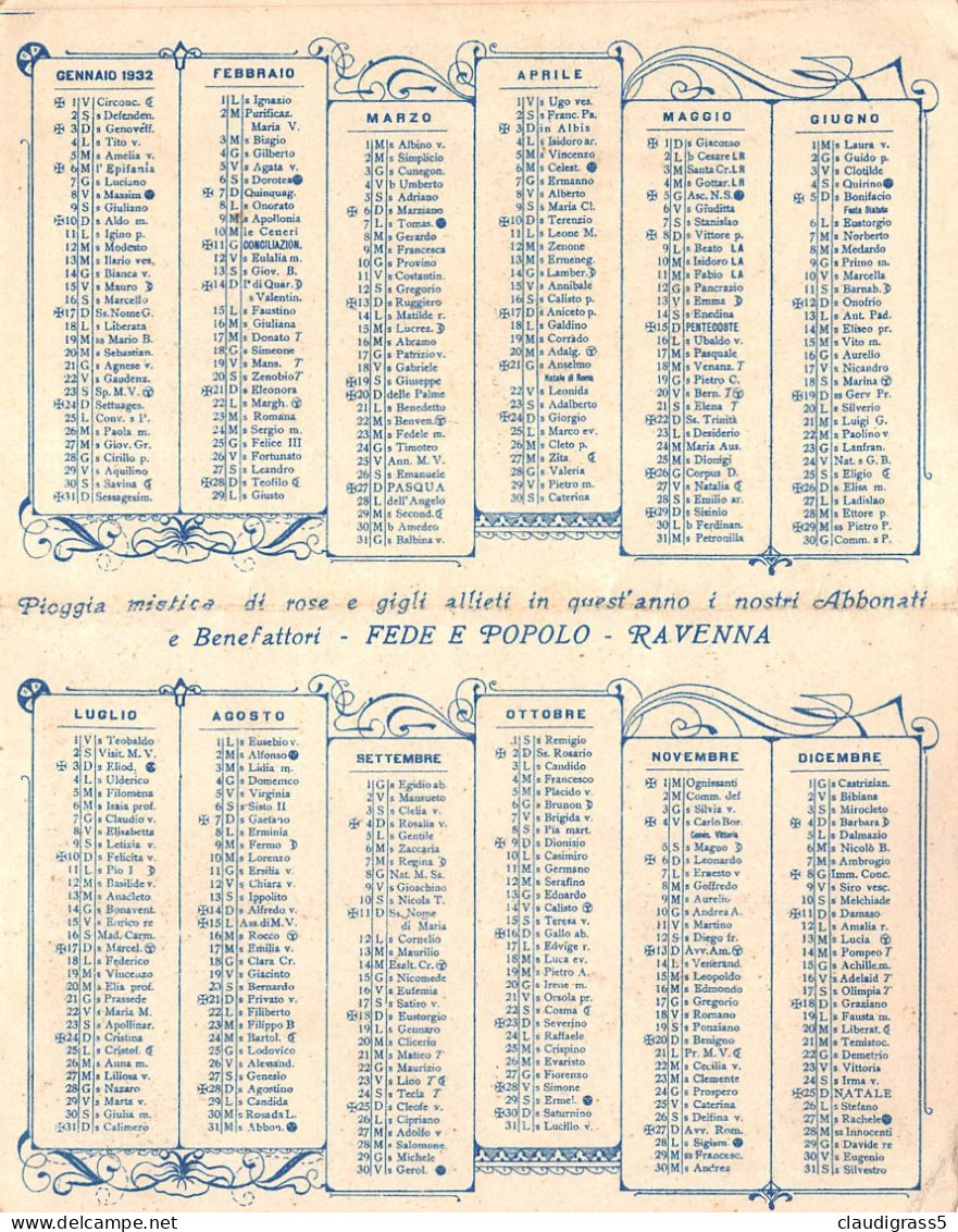 3948 " IL FEDE E POPOLO-RAVENNA - CALENDARIO  ANNO 1932 " (11.00 X 14.00) - Petit Format : 1921-40