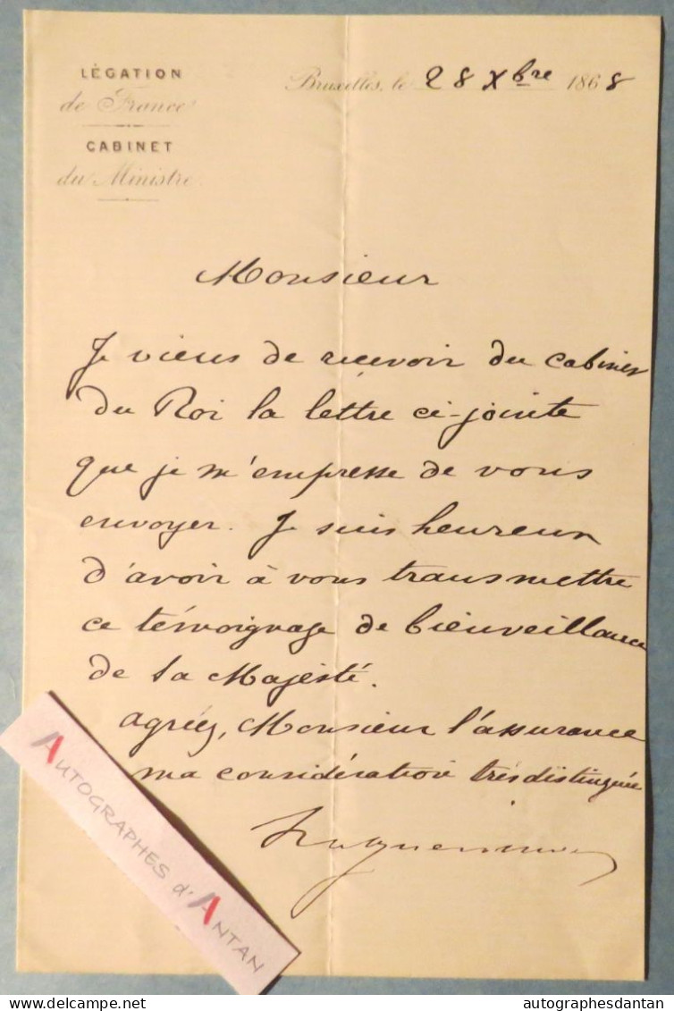 ● L.A.S 1868 Arthur De La Guéronnière Légation De France à Bruxelles Cabinet Du Roi LE DORAT Belgique Lettre Autographe - Politiek & Militair