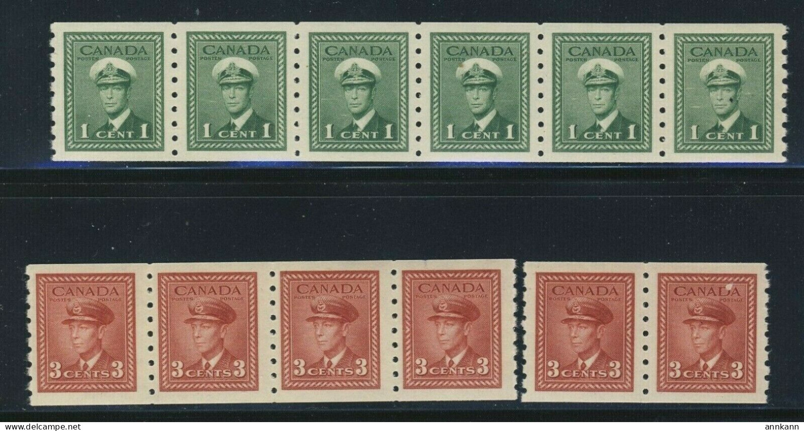 12x Canada WWII Coil MNH Stamps #263-1c Strip-6, #265-3c Pair +Strip 4 GV=$50.00 - Rollen