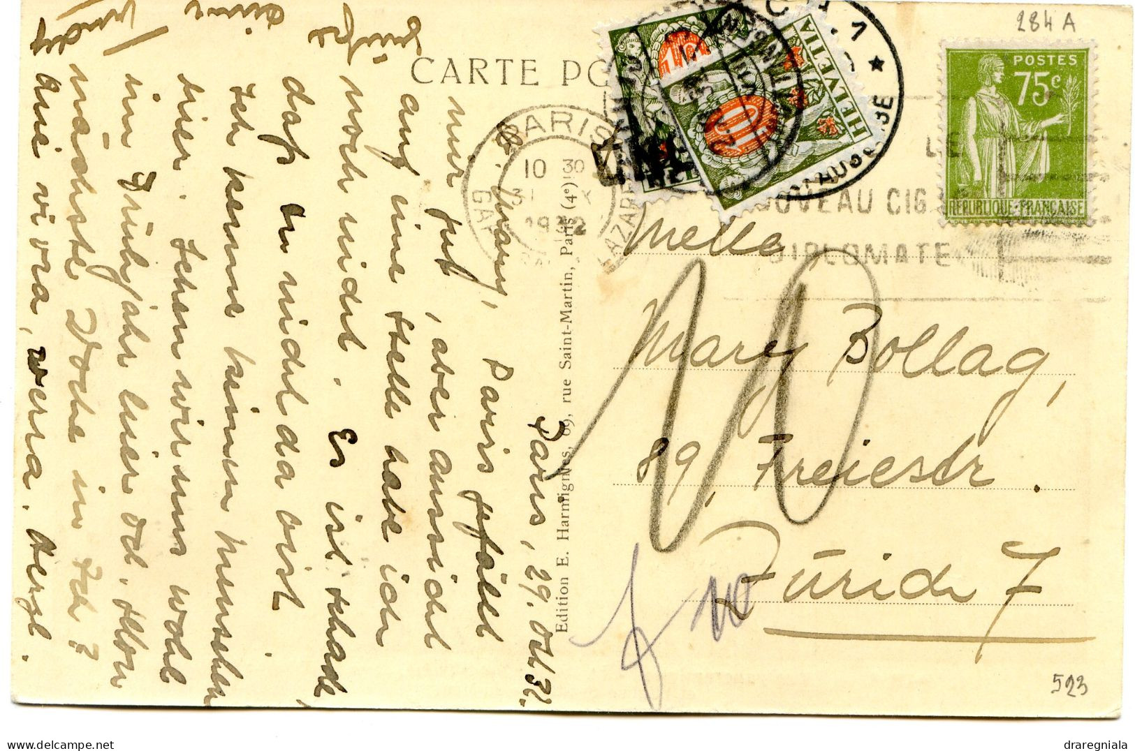 Carte Postale Paris Taxée - Cachet Et Timbre N°43 Superposés - Zurich 2 11 32 - Postage Due