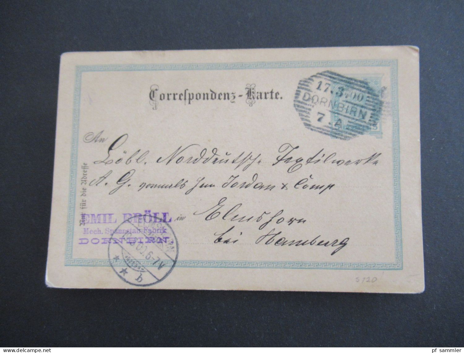 1900 Österreich GA 5 Heller Strichstempel Dornbirn - Elmshorn Mit Ank. Stp. Abs. Emil Bröll Mech. Spannstab Fabrik - Cartes Postales