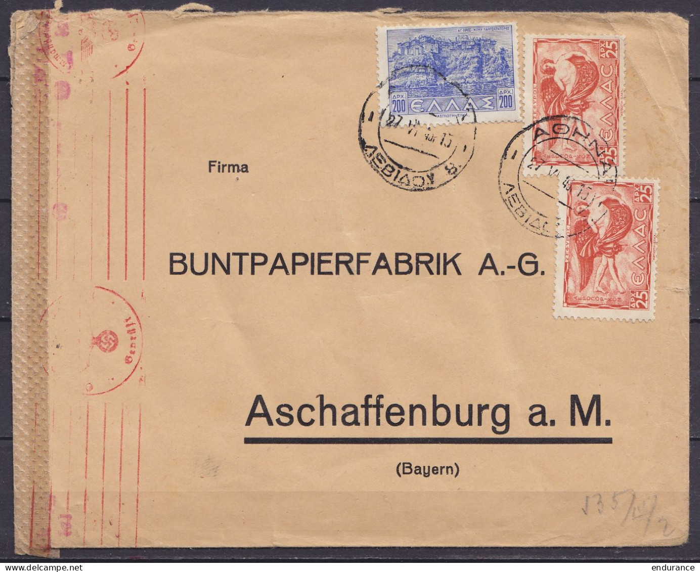 Grèce - L. Affr. 250Dr Càpt ATHENES /27.VI.1943 Pour ASCHAFFENBURG A.M. - Bandes Et Cachets Censure Militaire Italienne  - Storia Postale