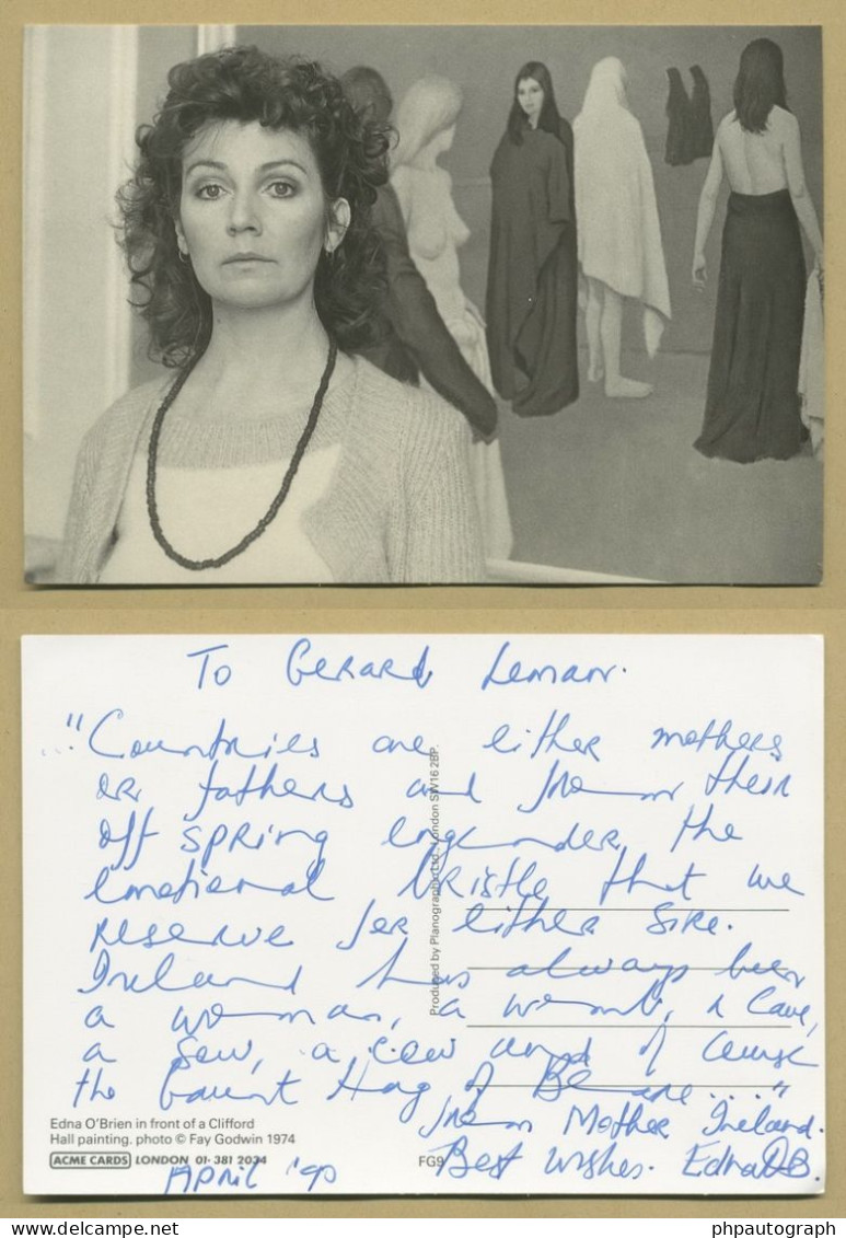 Edna O'Brien - Irish Writer - Rare Autograph Quote Signed - London 1990 - Schrijvers