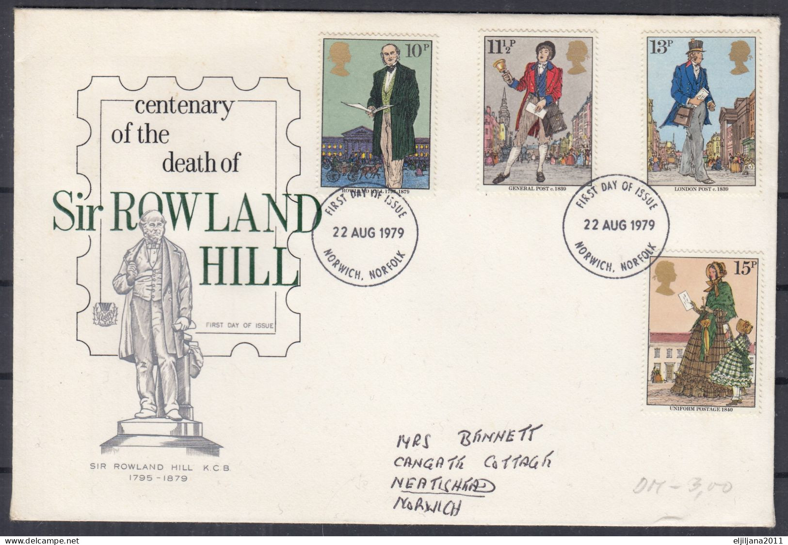 Great Britain GB 1979 QEII / Norwich Norfolk ⁕ 100th Sir ROWLAND HILL Mi.804-807 ⁕ FDC Cover Traveled - 1971-1980 Decimal Issues