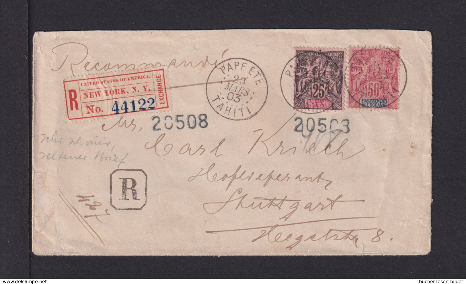 1903 - 25 Und 50 C. Auf Einschreibbrief Ab Papete Via New York Nach Stuttgart - Covers & Documents