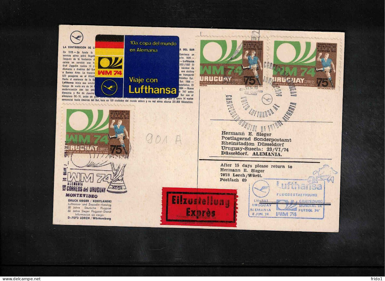 Uruguay 1974 World Football Cup Germany - Lufthansa Flight Uruguay- Germany Interesting Postcard - 1974 – West Germany