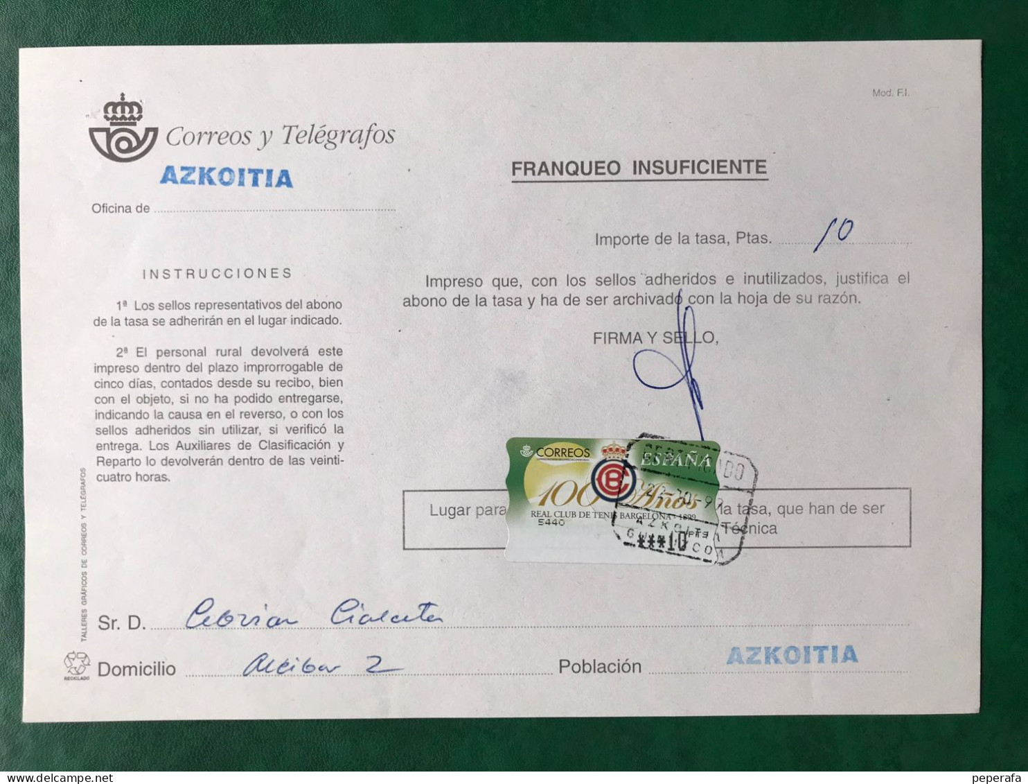 España Spain 1999, ATM TENIS BARCELONA, DOCUMENTO POSTAL FRANQUEO INSUFICIENTE 10 PTS, EPELSA, RARO!!! - Machine Labels [ATM]