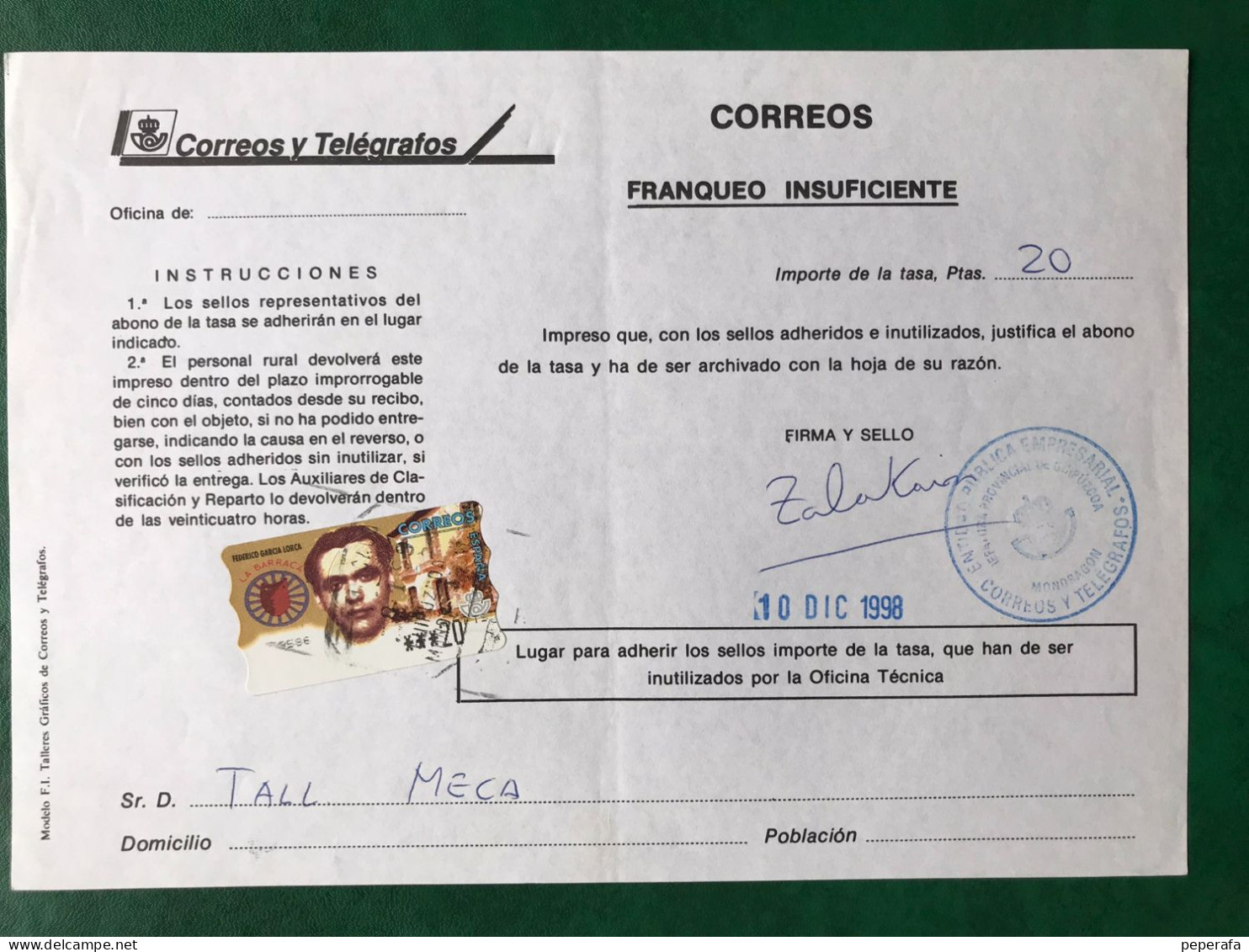 España Spain 1998, ATM GARCIA LORCA, DOCUMENTO POSTAL FRANQUEO INSUFICIENTE 20 PTS, EPELSA, RARO!!! - Machine Labels [ATM]