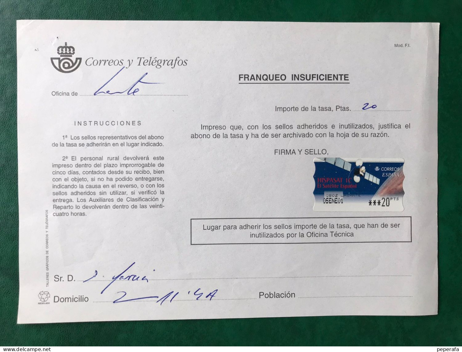 España Spain 2000, ATM HISPASAT 1C, DOCUMENTO POSTAL FRANQUEO INSUFICIENTE 20 PTS, EPELSA, RARO!!! - Viñetas De Franqueo [ATM]