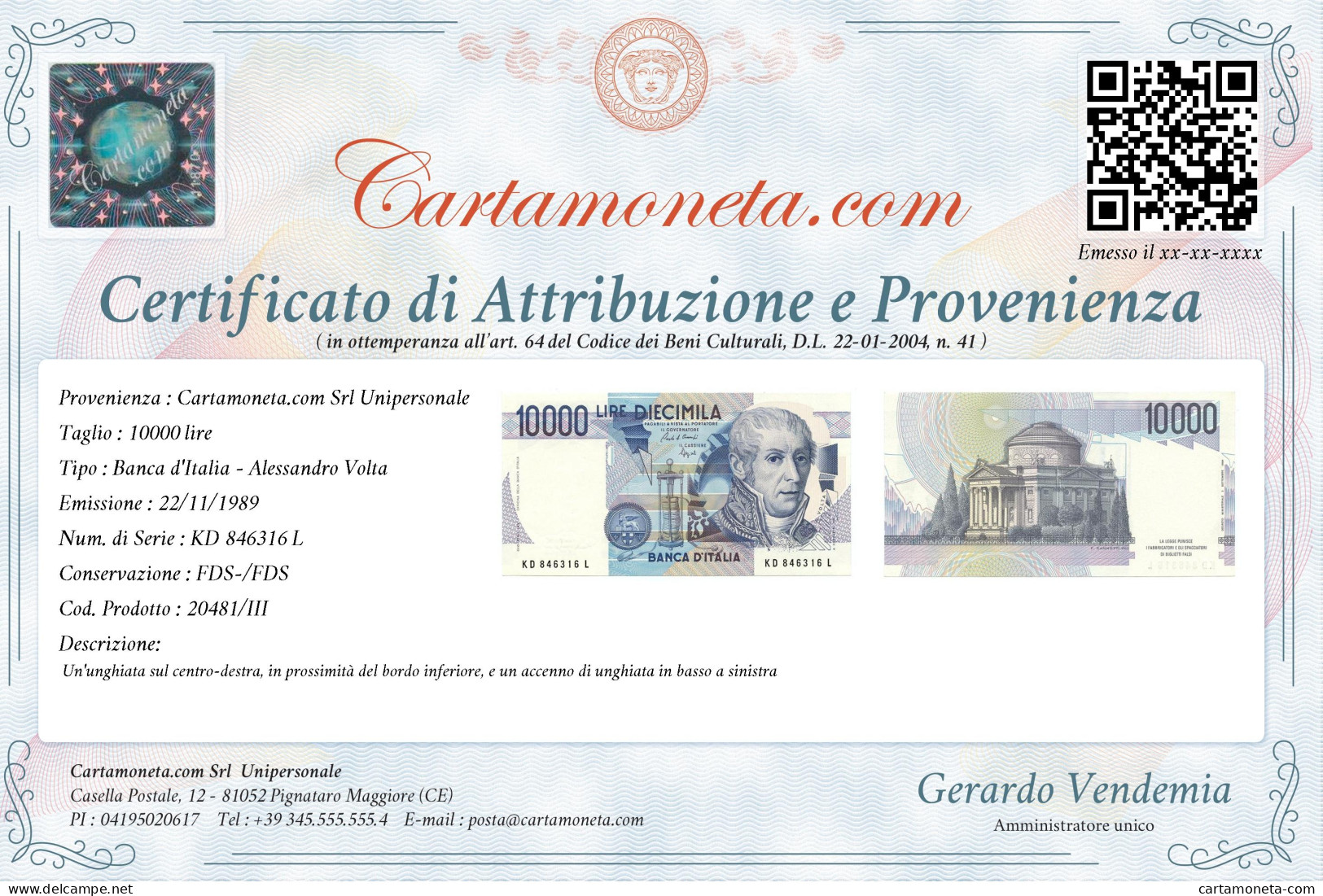 10000 LIRE BANCA D'ITALIA ALESSANDRO VOLTA LETTERA D 22/11/1989 FDS-/FDS - Altri & Non Classificati