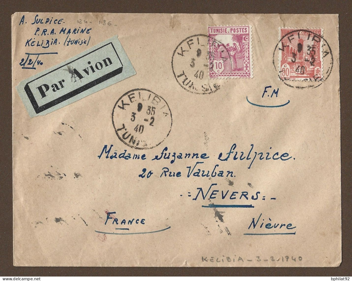 !!! TUNISIE, LETTRE FM PAR AVION DE KELIBIA POUR LA FRANCE, DE 1940 - Posta Aerea