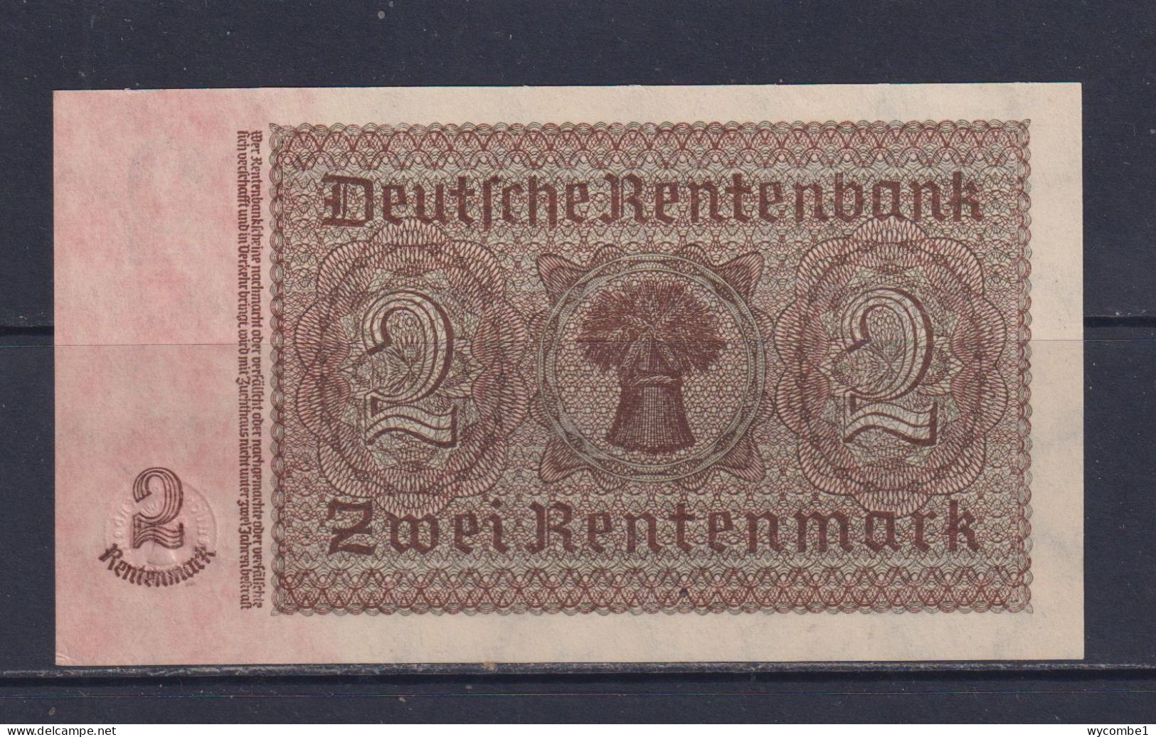 GERMANY - 1937  Rentenbankschein 2 Mark UNC/aUNC Banknote - 2 Rentenmark