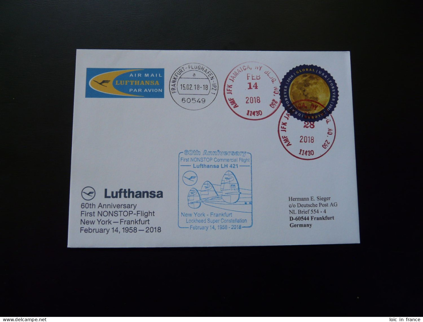 Lettre Cover 60 Years Flight New York Frankfurt Lockheed Super Constellation Lufthansa 2018 - 3c. 1961-... Cartas & Documentos