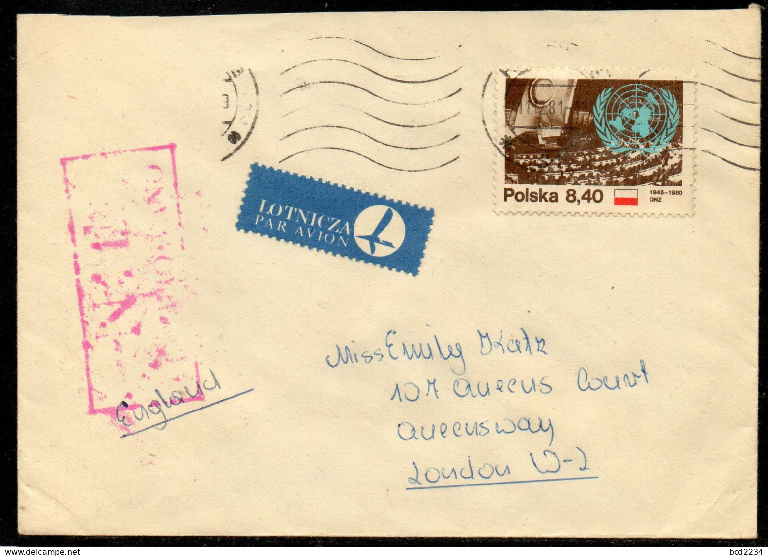 POLAND 1981 SOLIDARITY SOLIDARNOSC PERIOD MARTIAL LAW NIE CENZUROWANO NOT CENSORED MAUVE CACHET TO LONDON - Cartas & Documentos