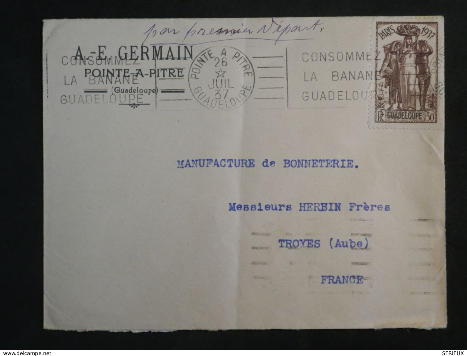 DK 16 GUADELOUPE   BELLE LETTRE PRIVEE 1937 POINTE A PITRE   A  TROYES   FRANCE + SURCHARGE+AFF. INTERESSANT+++ + - Brieven En Documenten