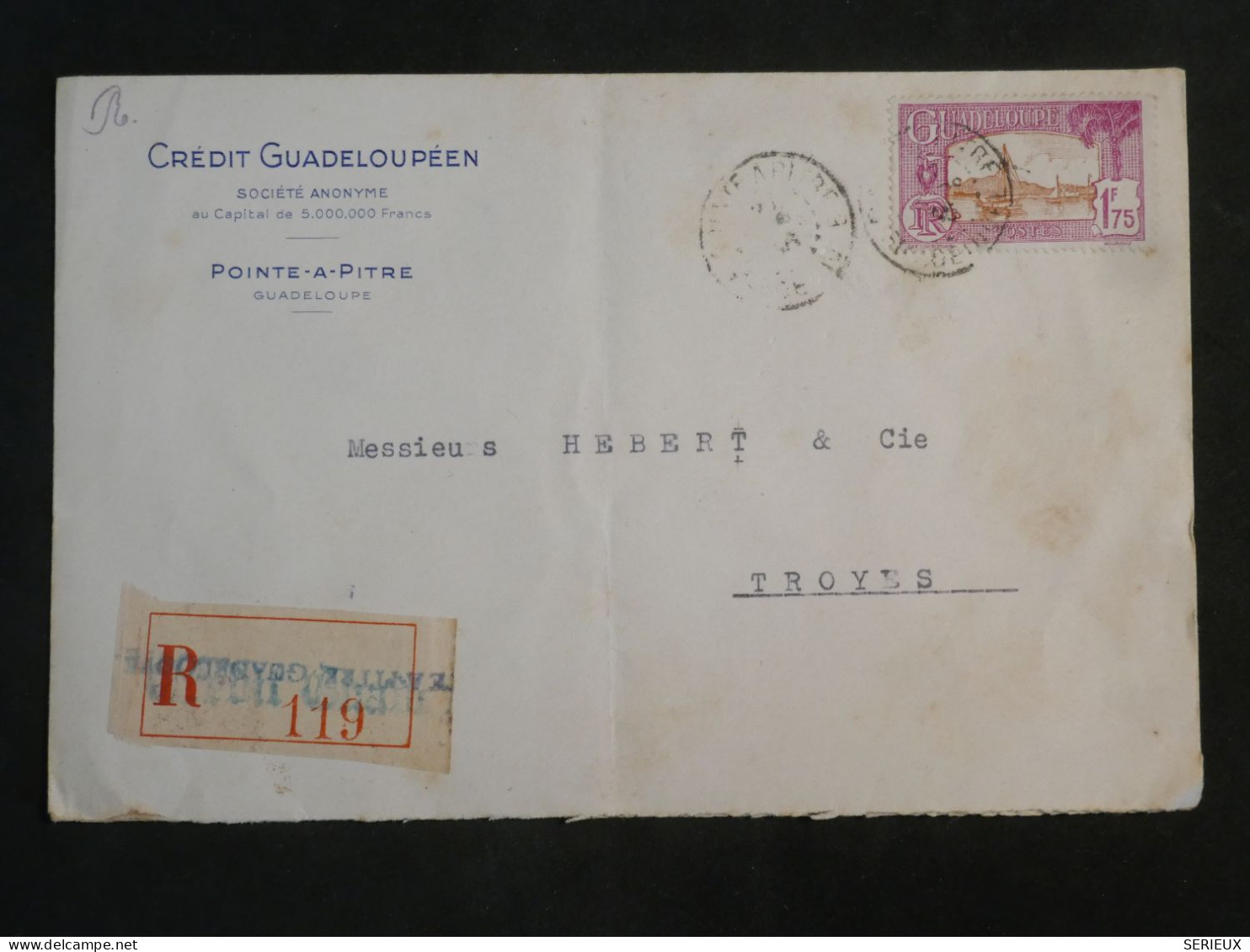 DK 16 GUADELOUPE  BELLE  LETTRE  RECO  1938 BANQUE POINTE A PITRE   A  TROYES   FRANCE + +AFF. INTERESSANT+++ + - Brieven En Documenten