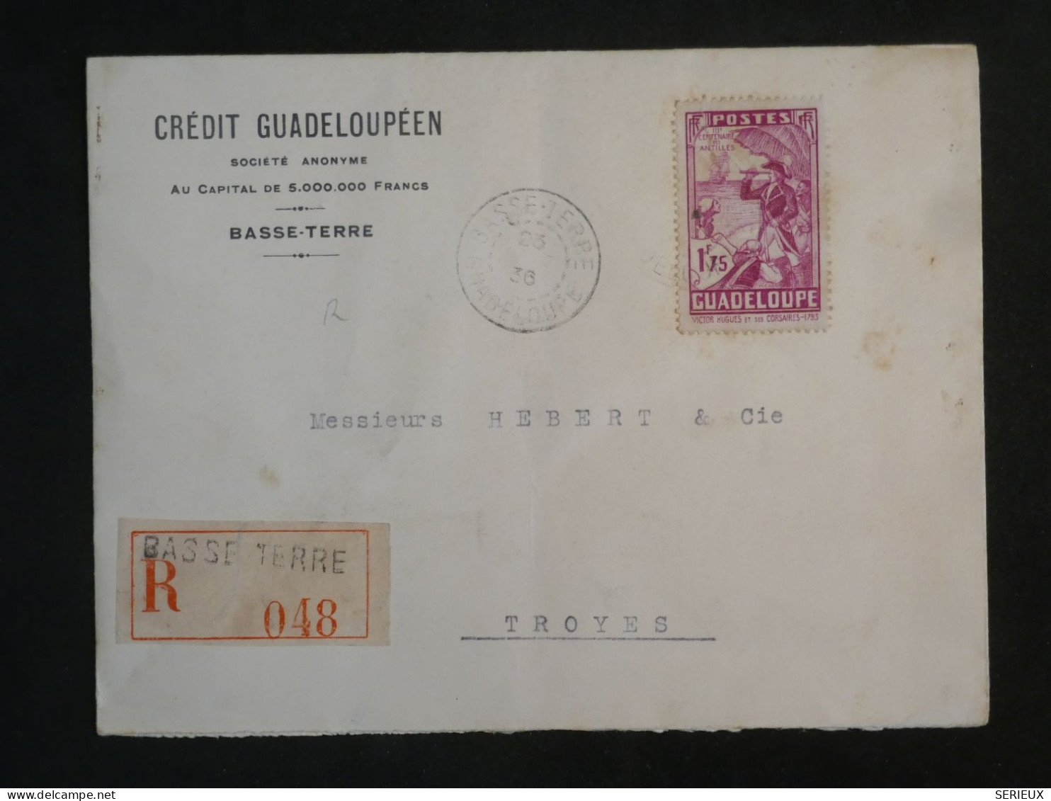 DK 16 GUADELOUPE  BELLE  LETTRE  RECO  1938 BASSE TERRE   A  TROYES   FRANCE + +AFF. INTERESSANT+++ + - Brieven En Documenten