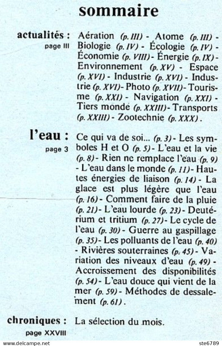 Revue SCIENCES DU MONDE  Eau  N° 134 1974 - Wissenschaft