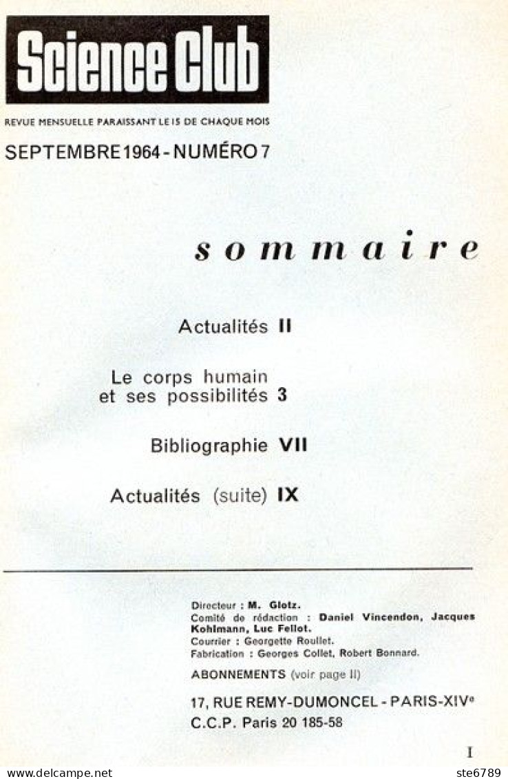 Revue SCIENCE CLUB 1964 N° 7 Le Corps Humain Ses Possibilités - Wetenschap