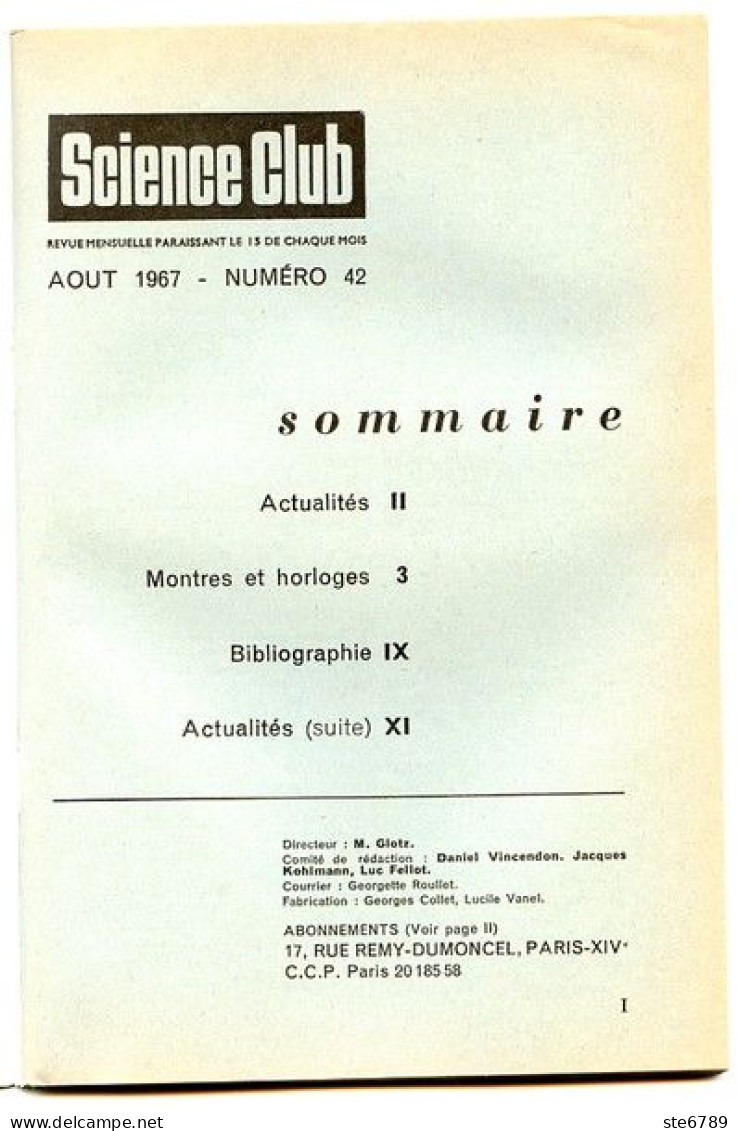 Revue SCIENCE CLUB 1967 N° 42  Montres Et Horloges - Wetenschap