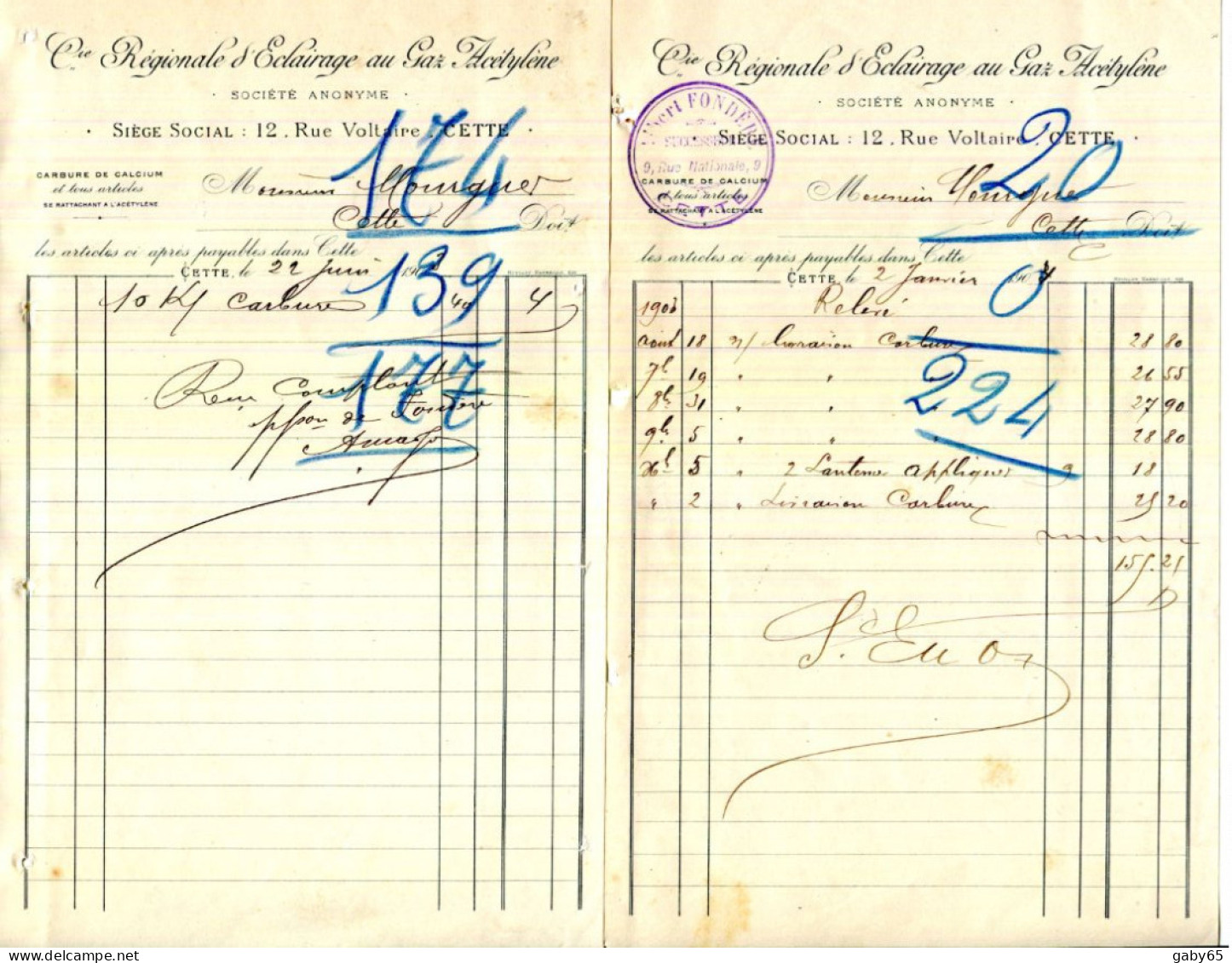 FACTURE.34.HERAULT.CETTE.COMPAGNIE RÉGIONALE D'ÉCLAIRAGE AU  GAZ ACÉTYLÈNE 12 RUE VOLTAIRE.2 PIÈCES. - Electricity & Gas