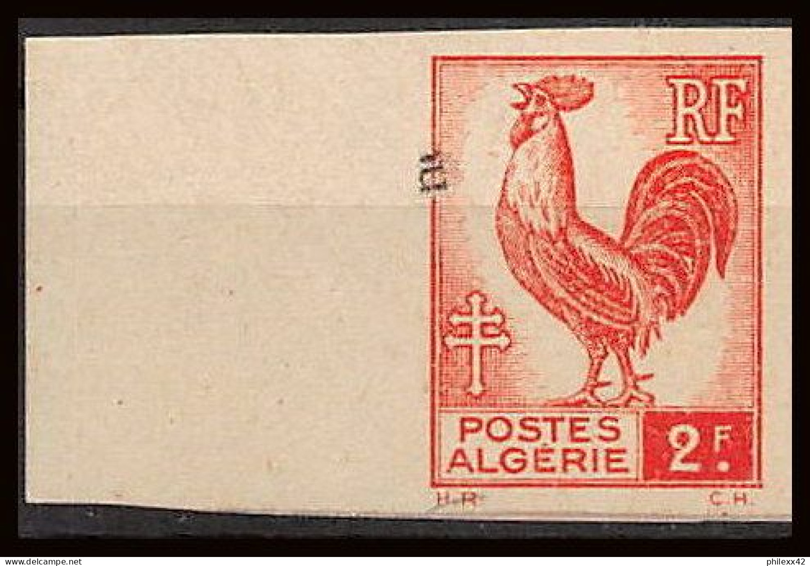 France / Algérie  2f Rouge Coq Rooster Série D'Alger Non Dentelé ** MNH (Imperf) - 1941-1950