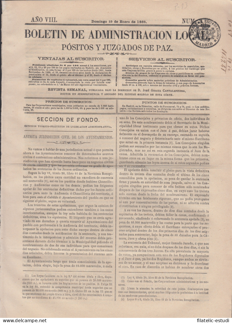 España Spain Timbres De Periódicos P.13 1867 Boletin De Adm. Local Pósitos Y J - Autres & Non Classés