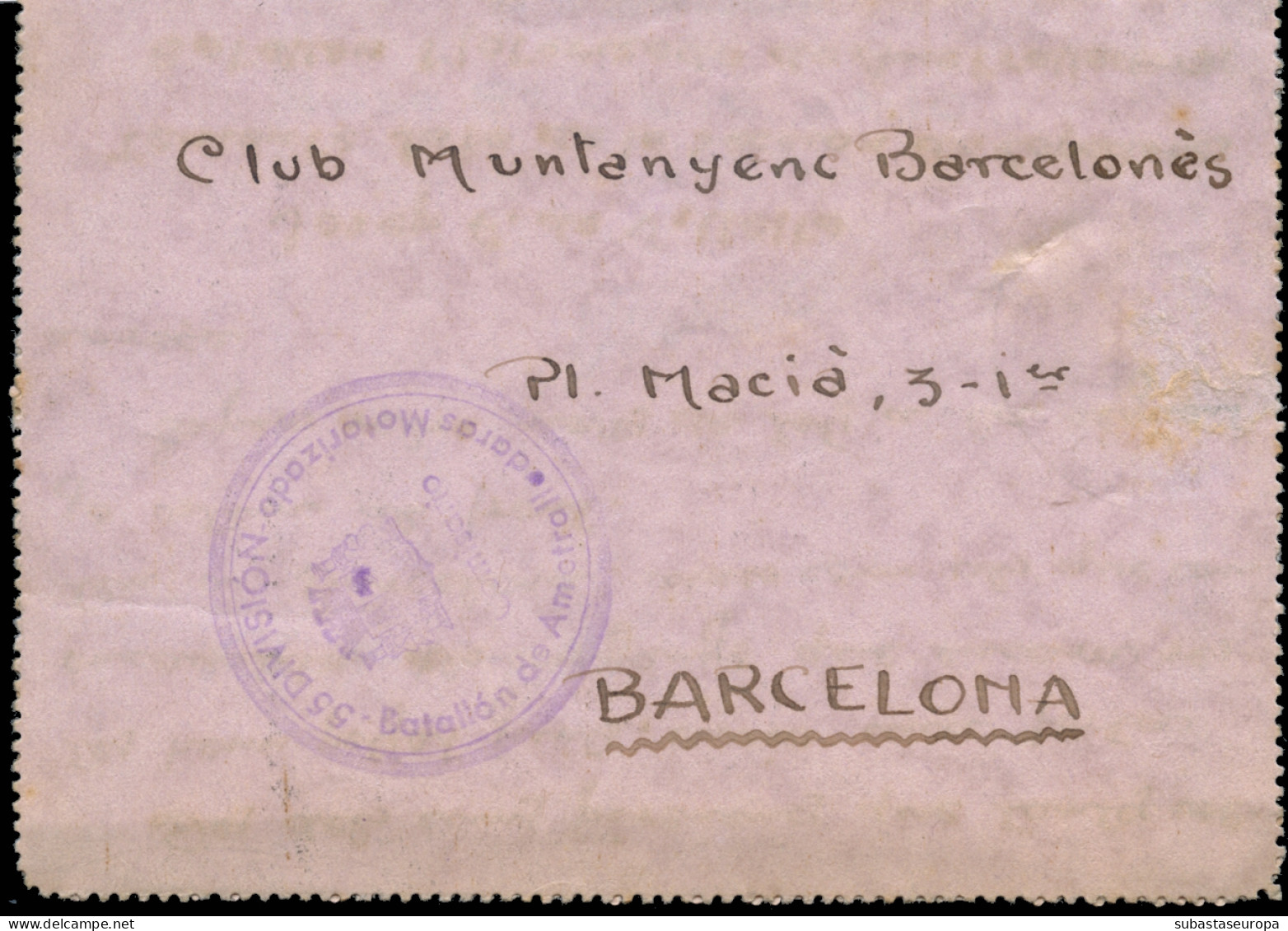 Carta Circulada Del Frente A Barcelona, El 19/10/38 (base 8 CC 10). Marca De Franquicia "Batallón De Ametralladoras - Marques De Censures Républicaines