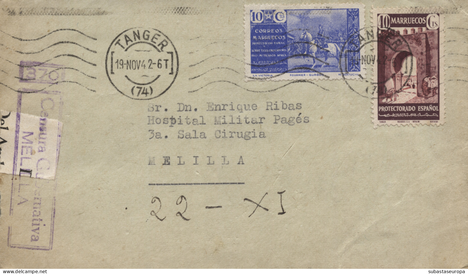 Carta De Tánger A Melilla, El 19/11/42. Marca De Censura Inédita. - Marques De Censures Républicaines