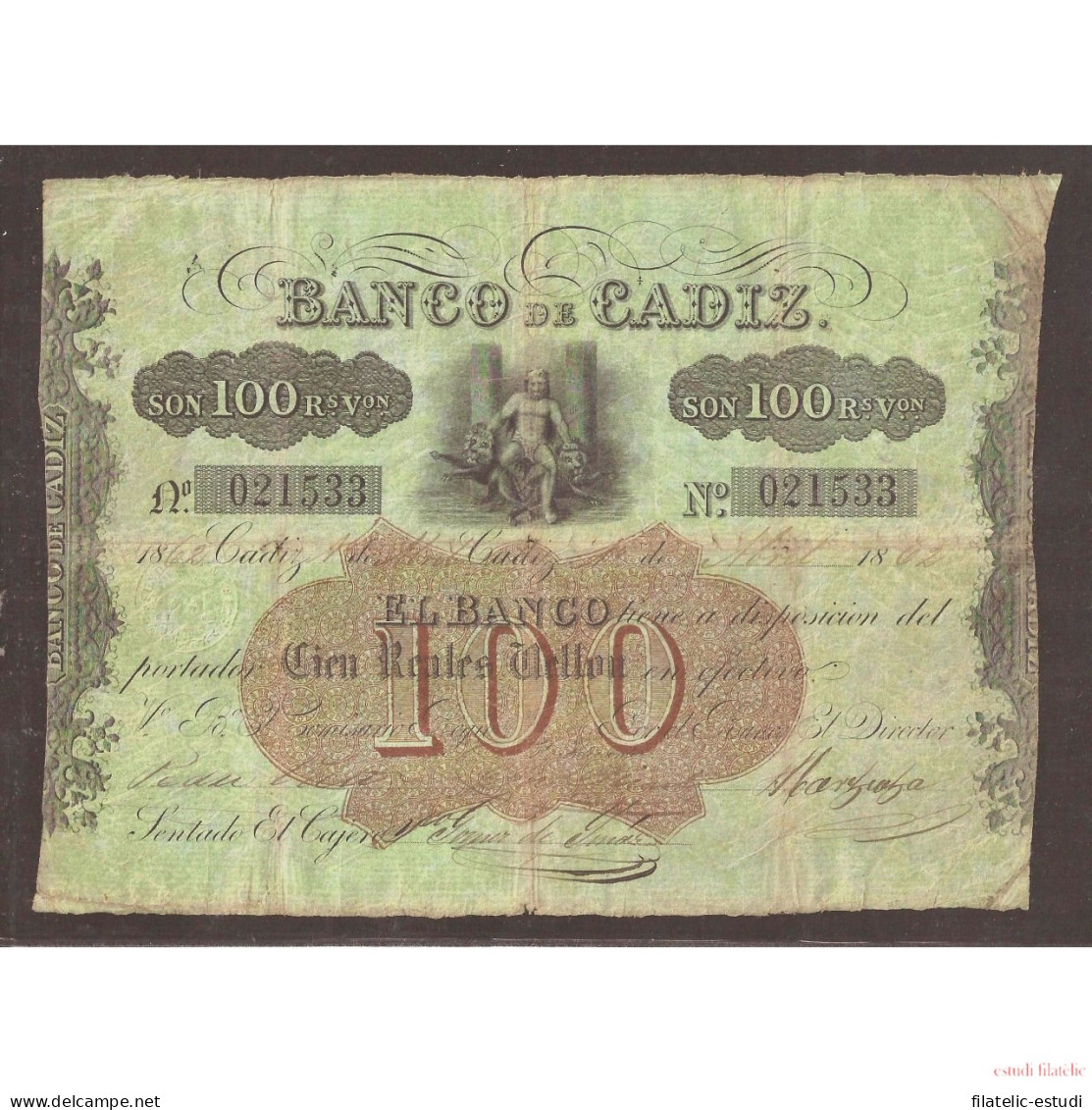 Billete 100 Reales De Vellón  1862  Banco De Cádiz  2ª Emisión  MBC- - Autres & Non Classés