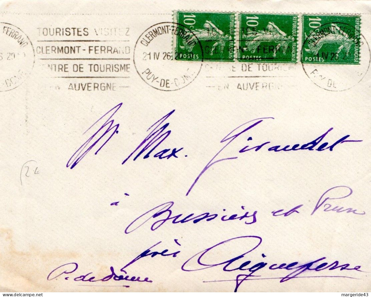 SEMEUSE AFFRANCHISSEMENT COMPOSE SUR LETTRE DE CLERMONT FERRAND 1926 - Posttarife