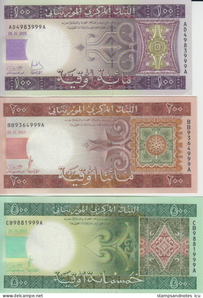 MAURITANIA 100 200 500 Ouguiya 2013 2015 P 16b 17 18 UNC Set Of 3 Banknotes With Last 3 Matching Serials - Mauritanië