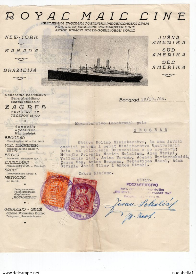 1926. KINGDOM OF SHS,SERBIA,BELGRADE OFFICE,ROYAL MAIL LINE FOR CANADA,NY,LATIN AM,STEAM BOAT,2 STATE REVENUE STAMPS - Briefe U. Dokumente