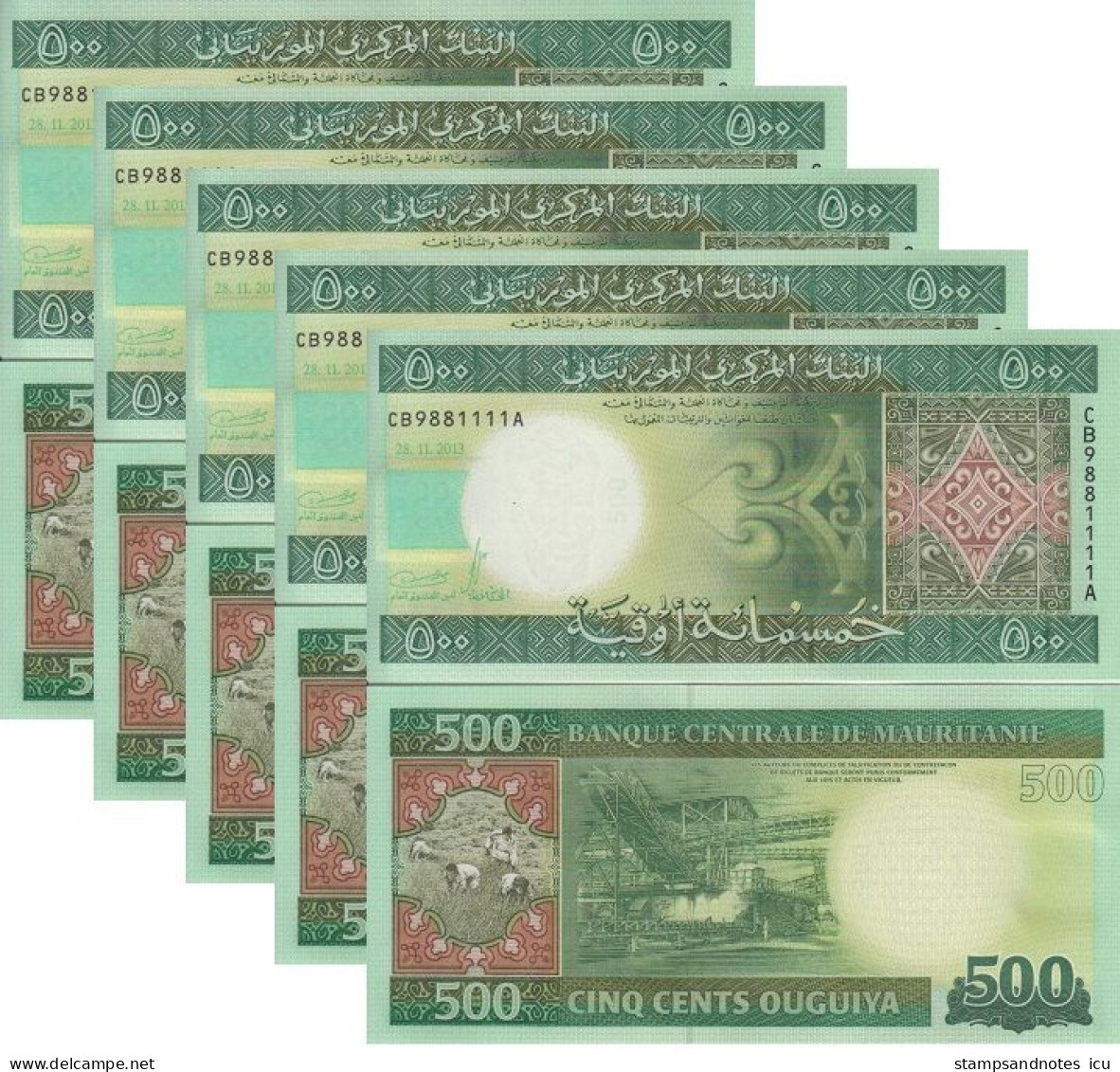 MAURITANIA 500 Ouguiya 2013 P 18 UNC X 5 Banknotes With Consecutive Serial Numbers - Mauritanie