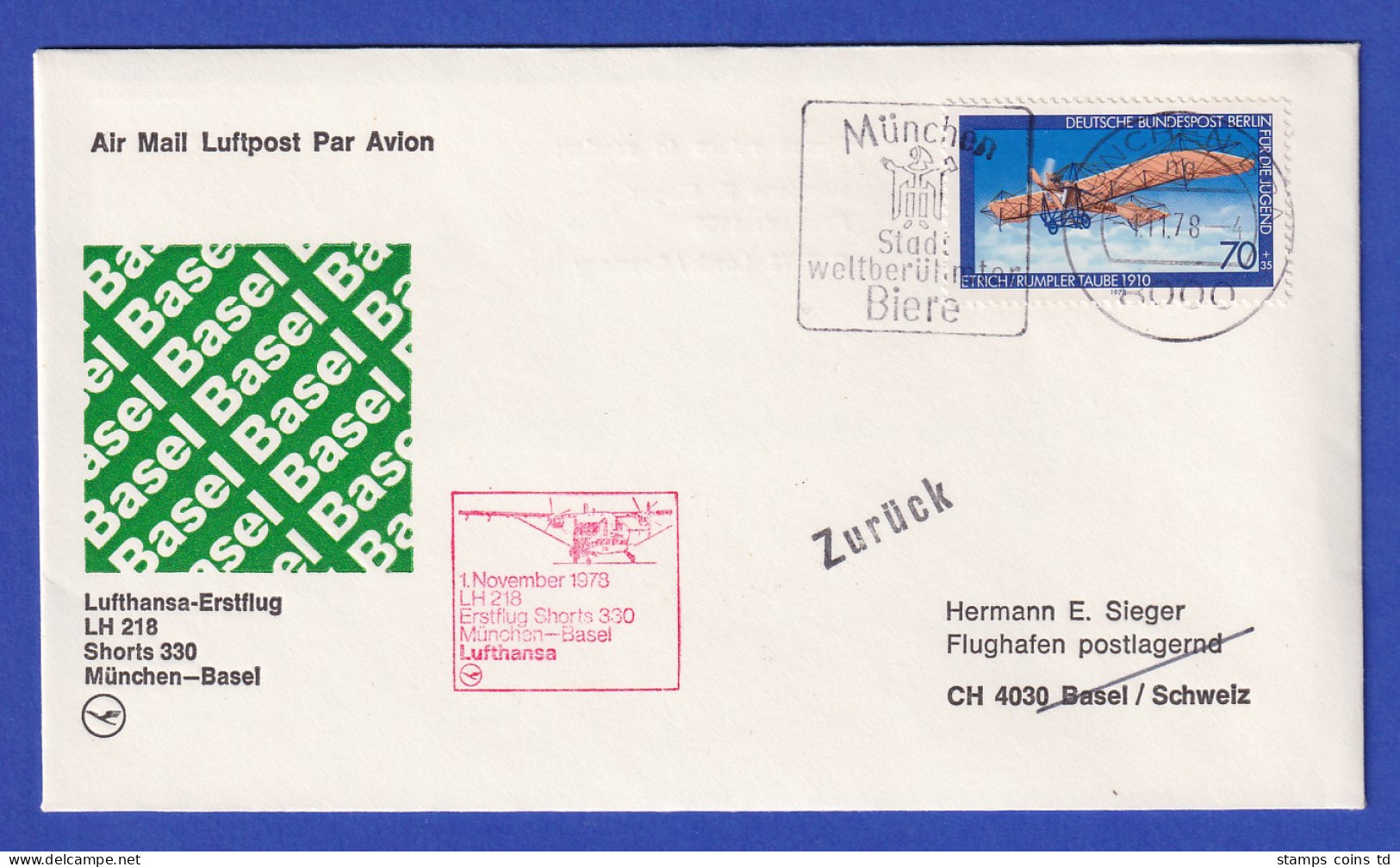 Lufthansa-Erstflugbeleg Shorts330 LH 218 1978 Mit EF Berlin Mi.-Nr. 566 - Lettres & Documents