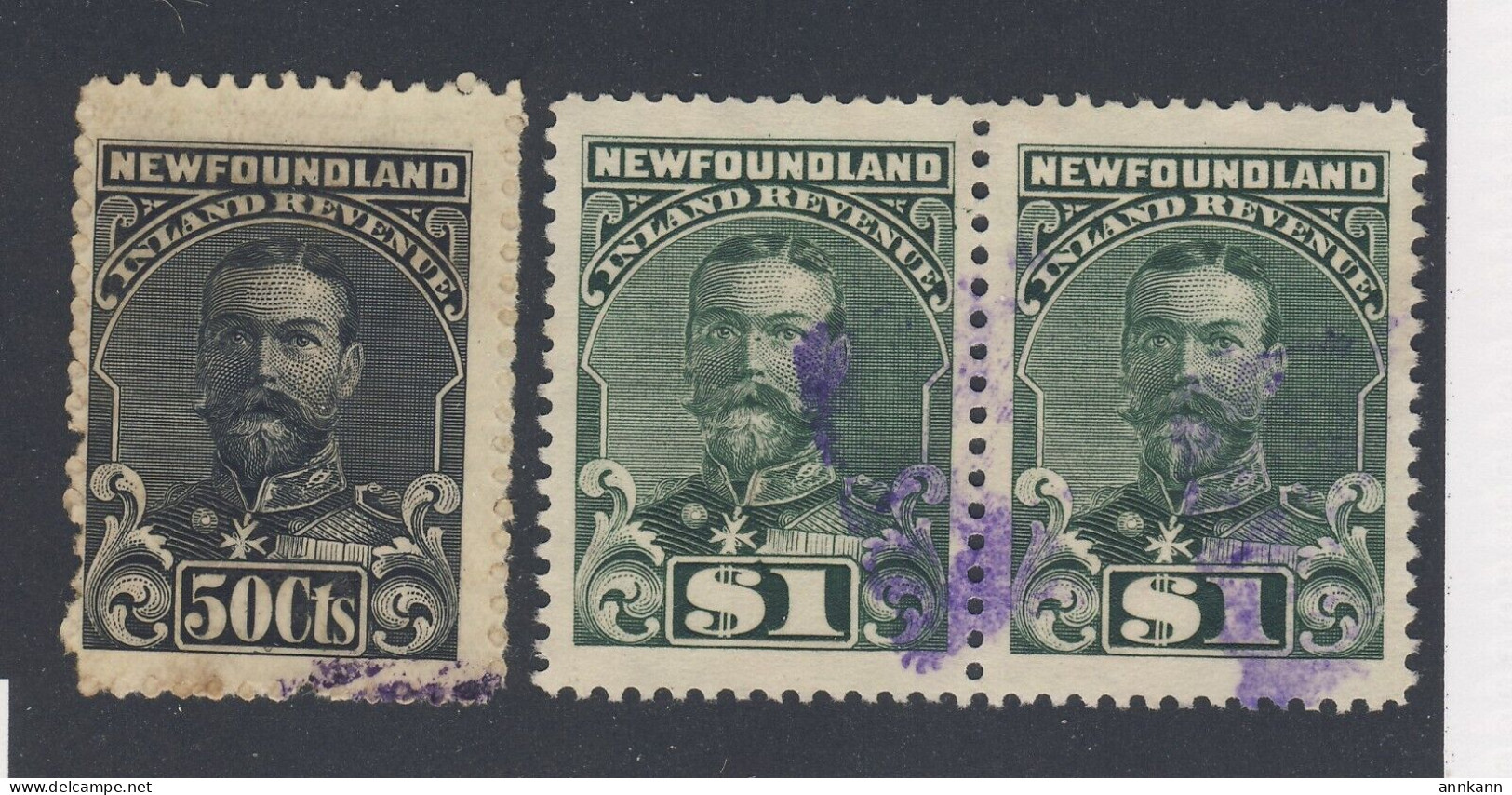 3x Newfoundland George V Revenue Stamps; NFR24-50c, NFR25-Pair $1.00 Guide = $65.00 - Fiscaux
