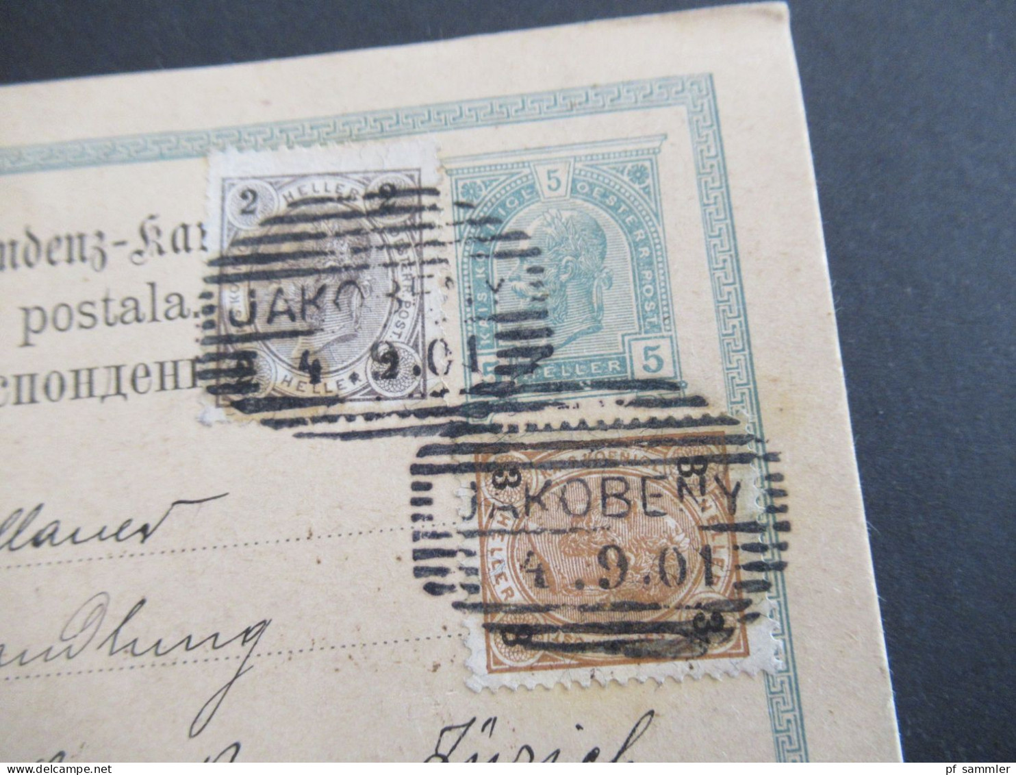 1901 Österreich / Rumänien GA 5 Heller Mit 2x ZuF Deutsch -Rum.-Ruth.) Strichstempel Jakobeny Nach Oerlikon Schweiz - Briefkaarten