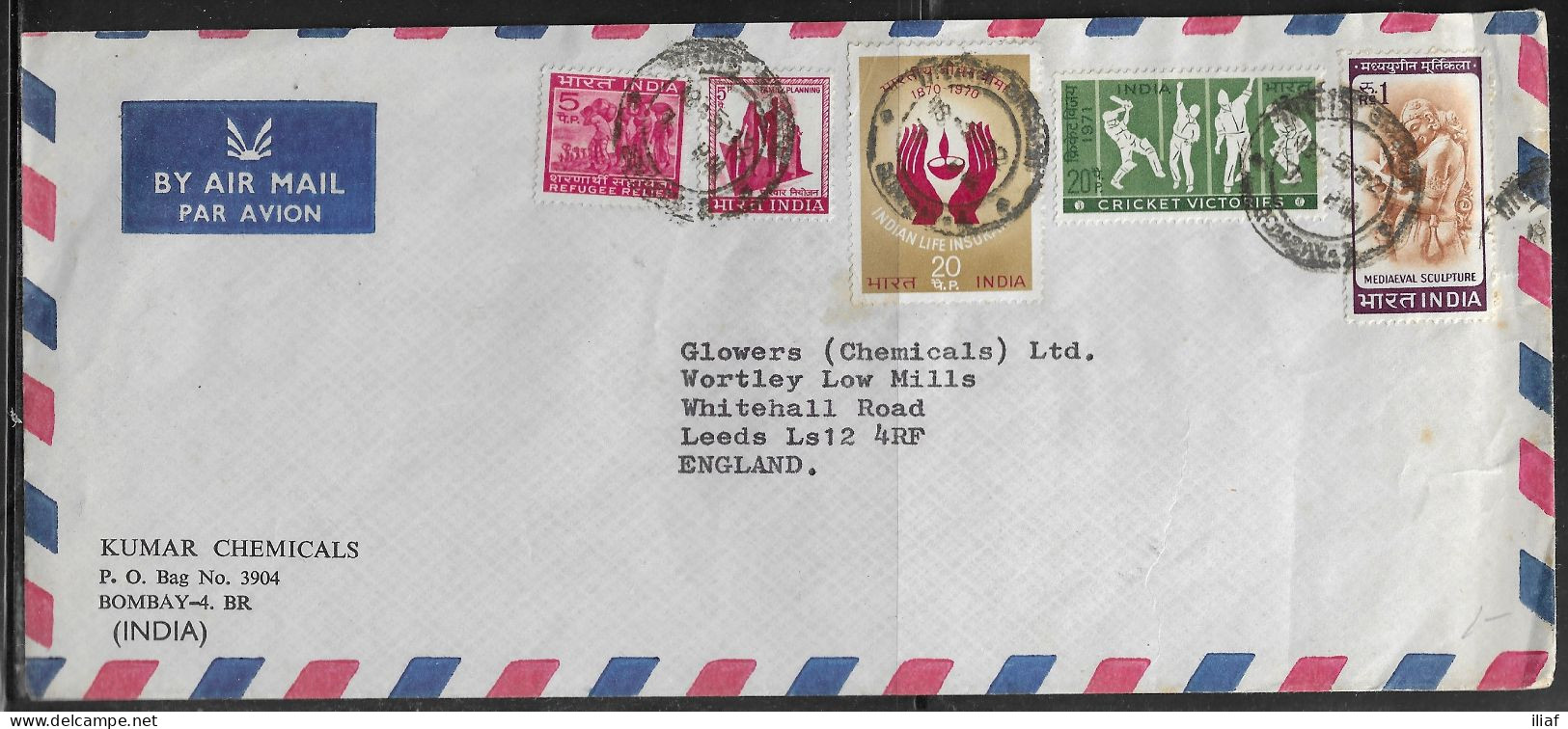 India. Stamps Sc. 408, 419, 533, 550, RA3 On Commercial Letter, Sent From Bombay 18.05.72 To England. - Lettres & Documents