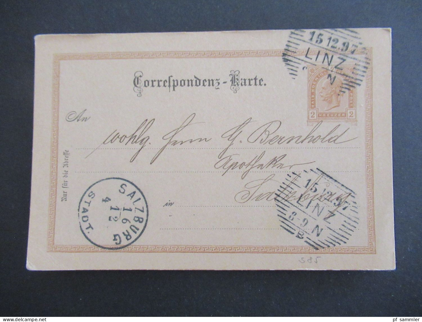 1897 Österreich GA 2 Kreuzer Mit Strichstempel Linz Nach Salzburg Mit K1 Ank. Stempel Salzburg Stadt - Cartoline