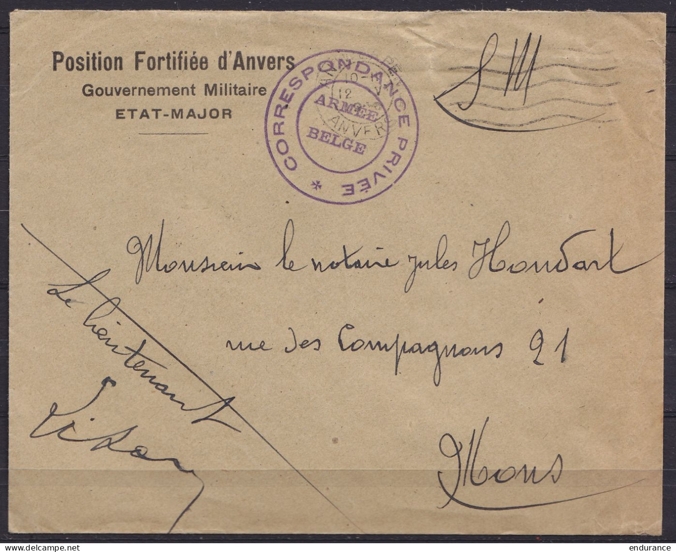 L. Franchise Militaire (S.M.) "Position Fortifiée D'Anvers / Etat-Major' Flam. ANTWERPEN /12 V 1946 Pour Notaire à MONS  - Guerre 40-45 (Lettres & Documents)