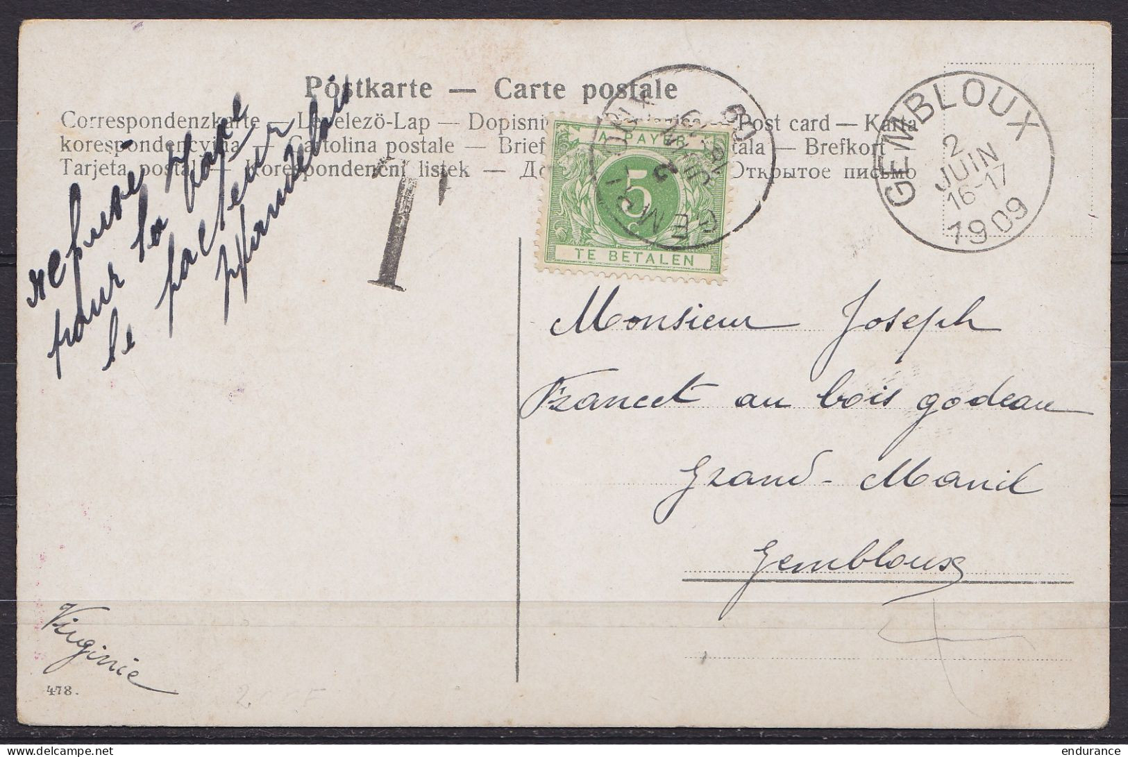 CP Fantaisie Non-affranchie Pour GRAND-MANIL Taxée 5c Càd GEMBLOUX /2 JUIN 1909 - Note Facteur "refusé Pour La Taxe" - Lettres & Documents