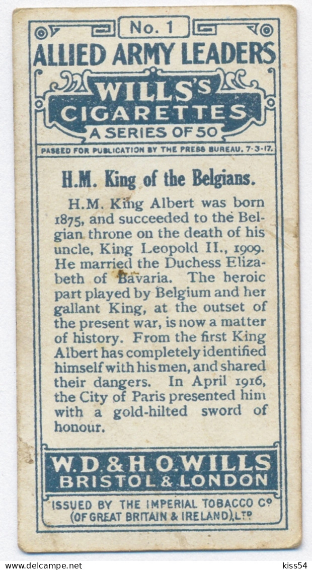CT 00 - 1 BELGIUM, King ALBERT, Allied Army Leader - Old Wills's Cigarettes - 68/35 Mm - Wills