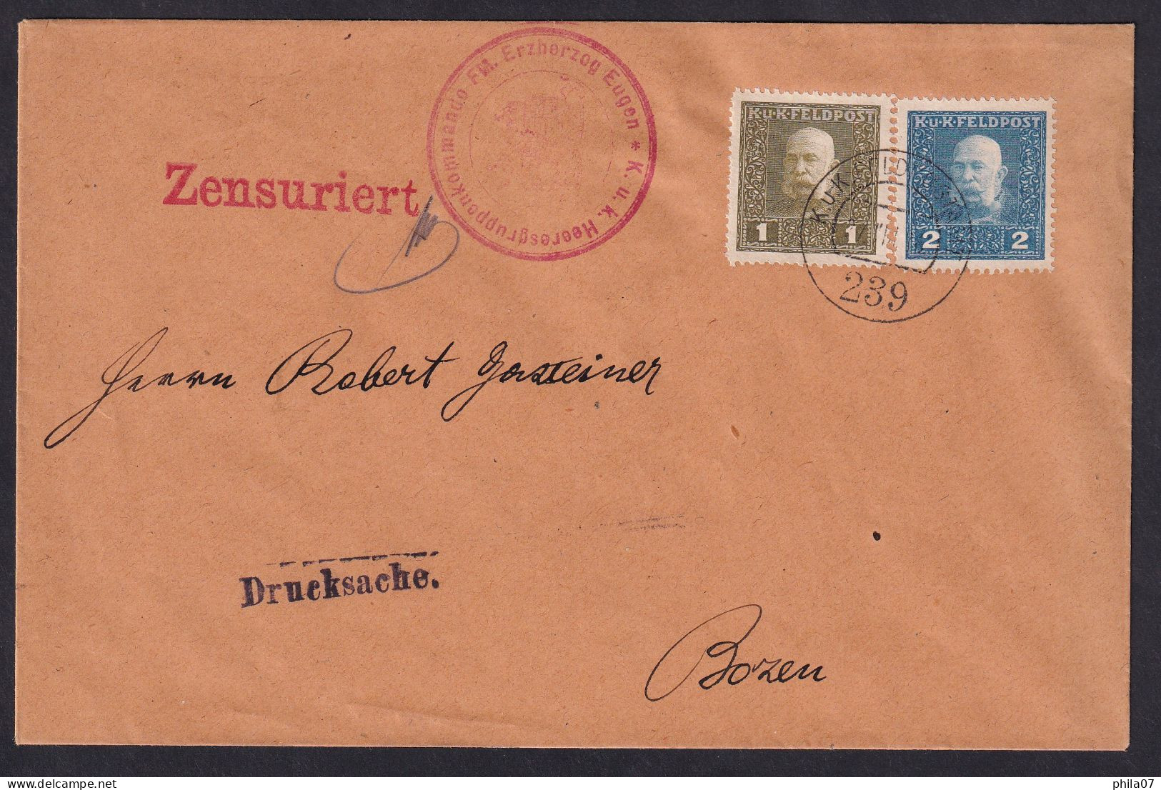 AUSTRIA - Military Mail No. 239. Printed Matter Sent To Bozen (Bolzano) 08.11. 1914. Censored / 2 Scans - Other & Unclassified