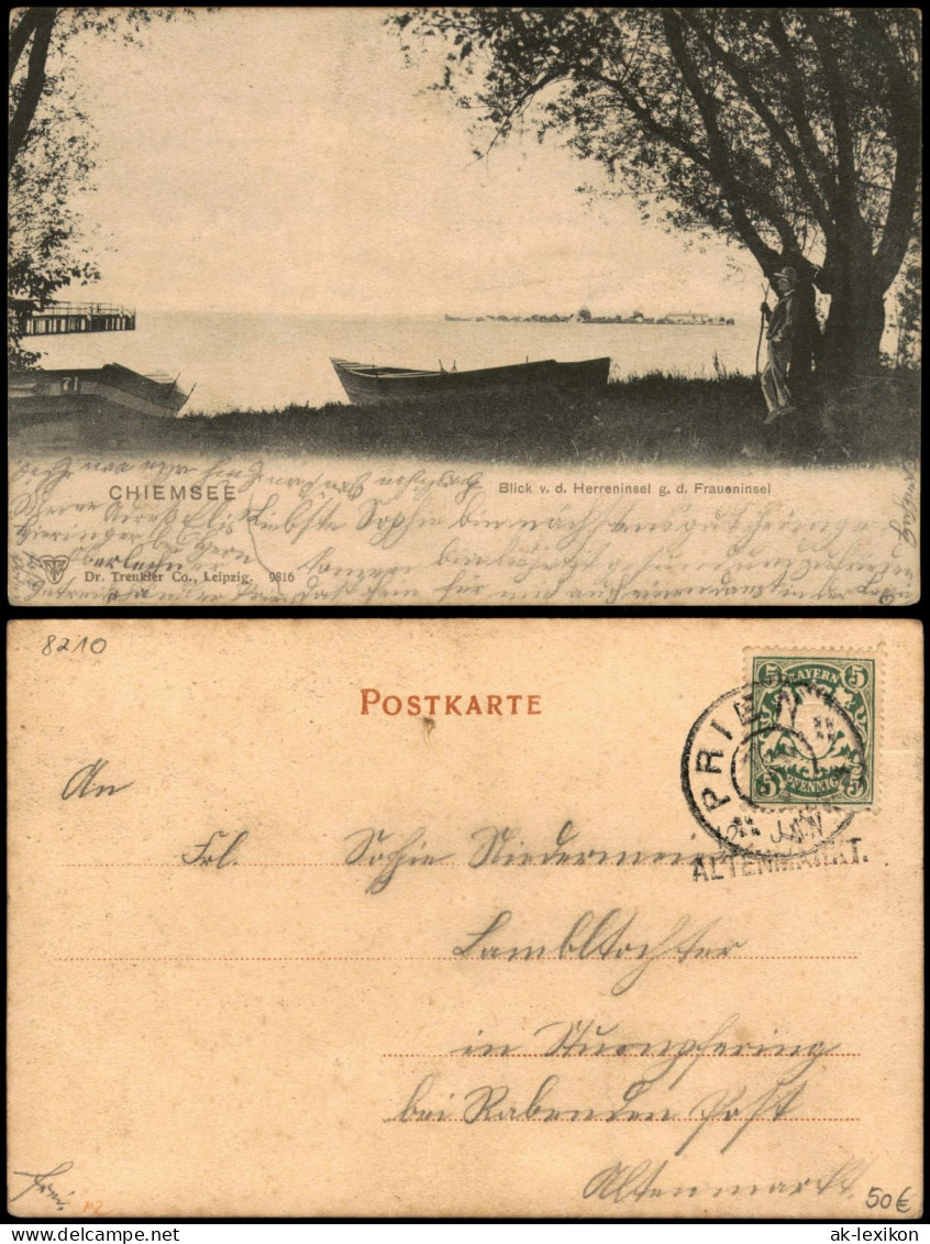 Ansichtskarte Chiemsee Blick Auf Herrenchiemsee, Mann Boot 1907 - Chiemgauer Alpen