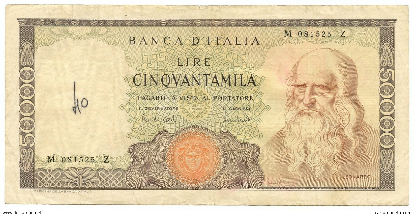 50000 LIRE BANCA D'ITALIA LEONARDO DA VINCI MEDUSA 19/07/1970 BB- - Sonstige & Ohne Zuordnung