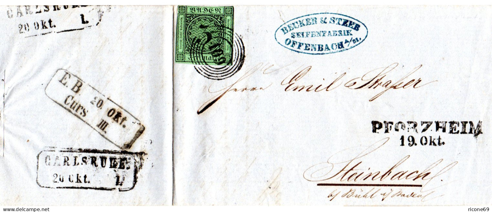 Taxis 1857, Forwarder Firmenbrief V. Offenbach M. Baden 3 Kr. Ab Pforzheim - Covers & Documents