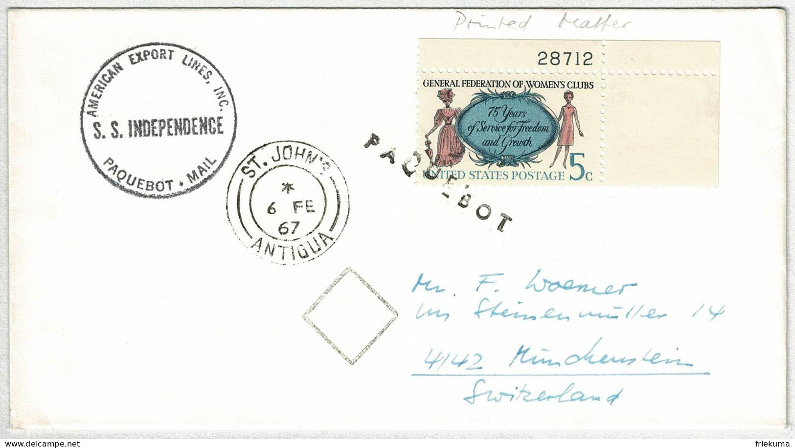 Vereinigte Staaten / USA 1967, Brief American Export Lines Paquebot St. John's (Antigua) - Münchenstein (Schweiz) - Cartas & Documentos