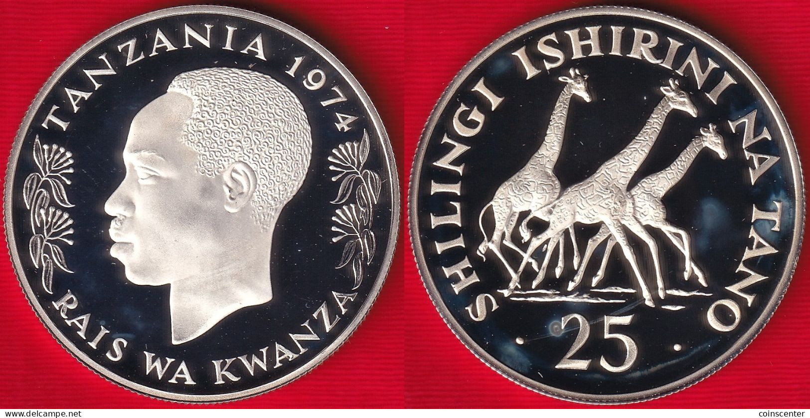 Tanzania 25 Shilingi 1974 "Giraffes" Km#7a AG Silver PROOF - Tansania